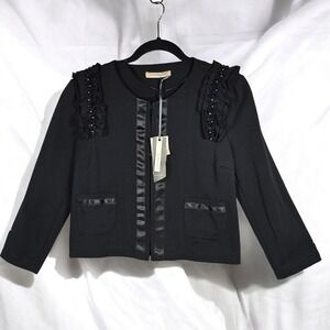 FLOREIZA Jacket Woman Medium Black Embellished Ribbon Trim Made in Italy NWT